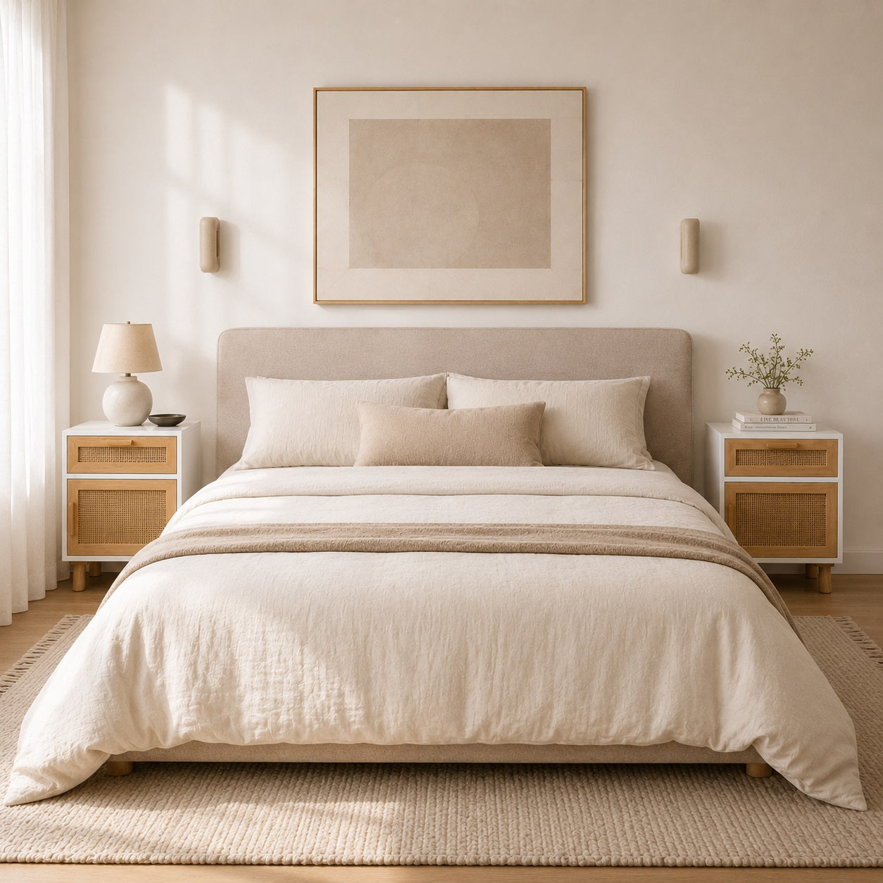 Deux tables de chevet blanches avec cannage de chaque côté d'un lit au style bohème chic.