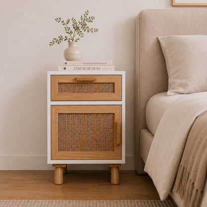 Table de chevet blanche avec cannage, tiroir et rangement fermé dans une chambre chaleureuse.