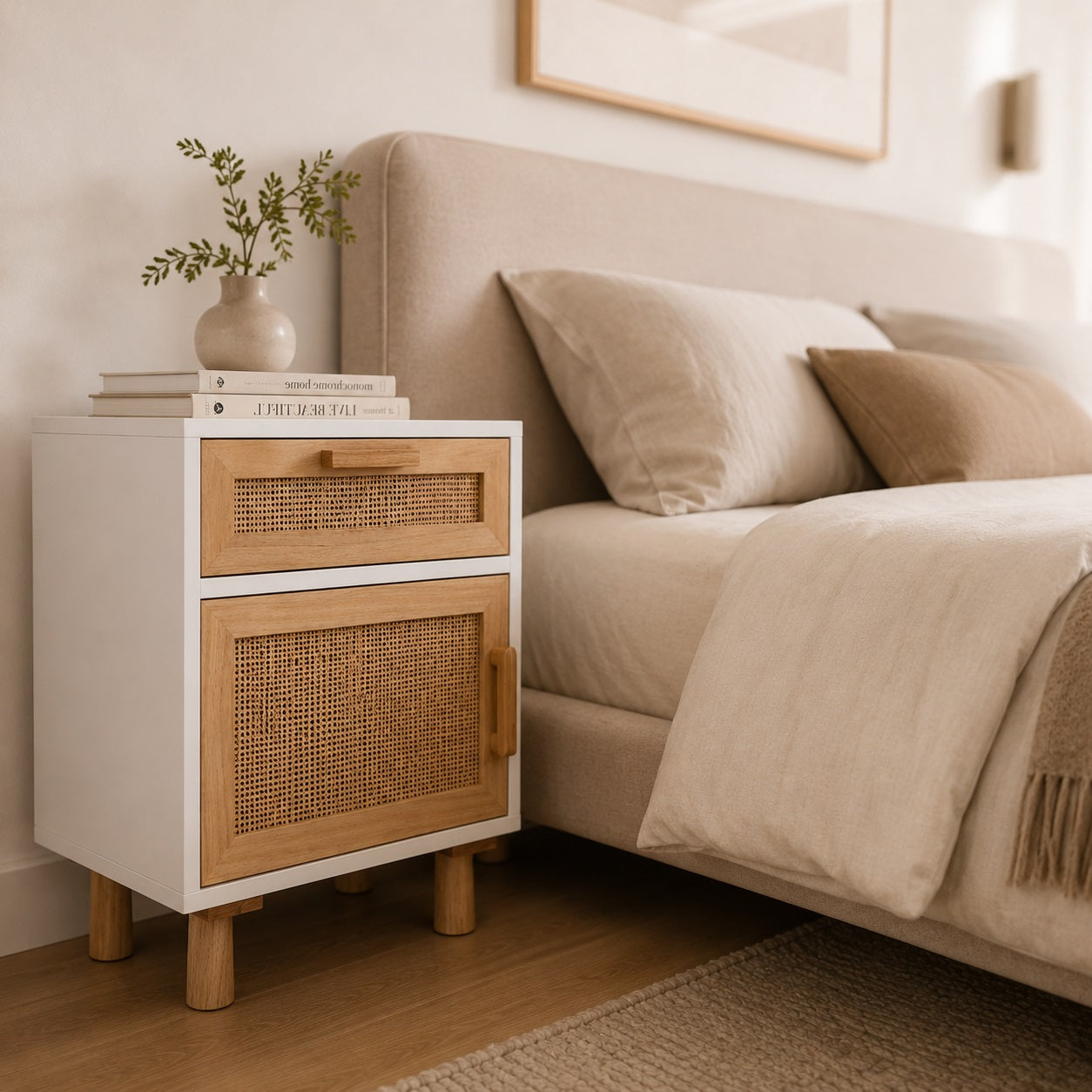 Table de chevet blanche avec cannage près d'un lit, idéale pour une chambre élégante et lumineuse.
