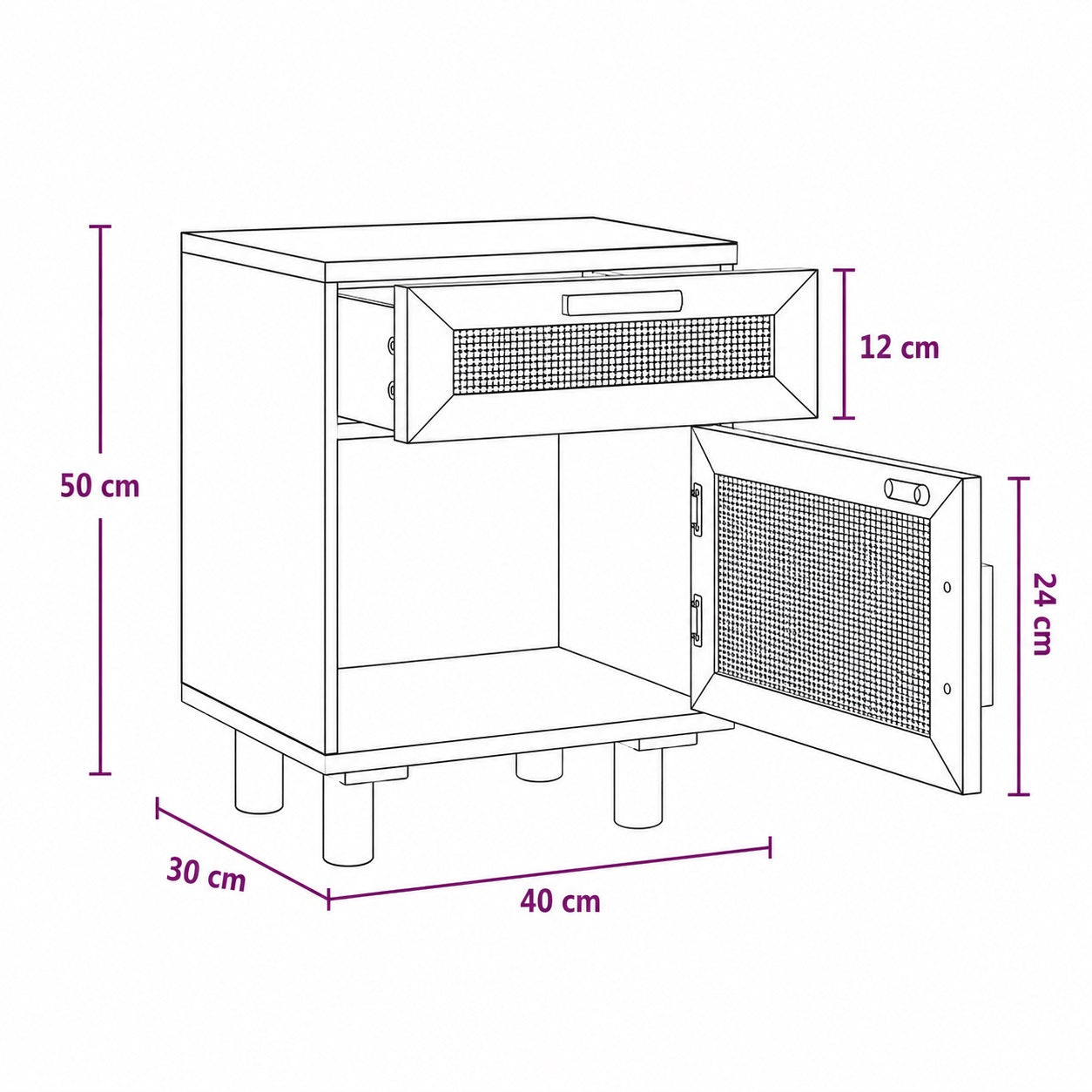 Dimensions de la table de chevet blanche avec cannage, équipée d'un tiroir et d'un rangement fermé.