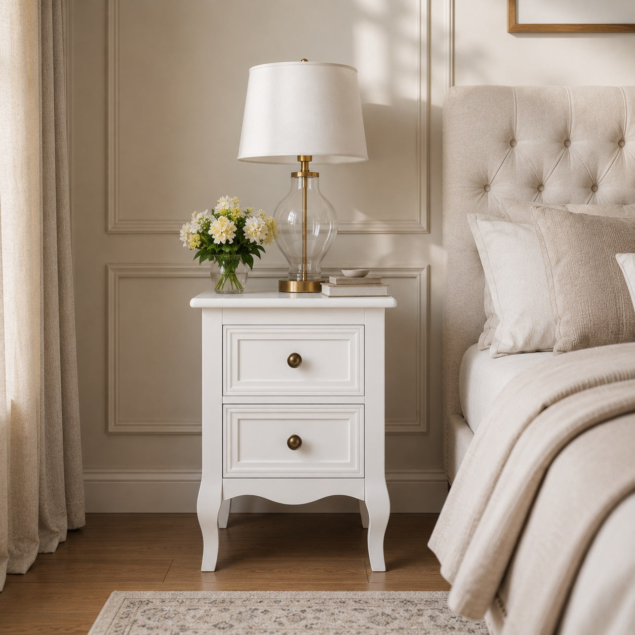 Vue de face d'une table de chevet blanche vintage avec deux tiroirs et design raffiné.