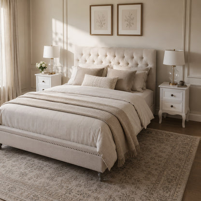 Table de chevet blanche vintage dans une chambre lumineuse au style chic et intemporel.