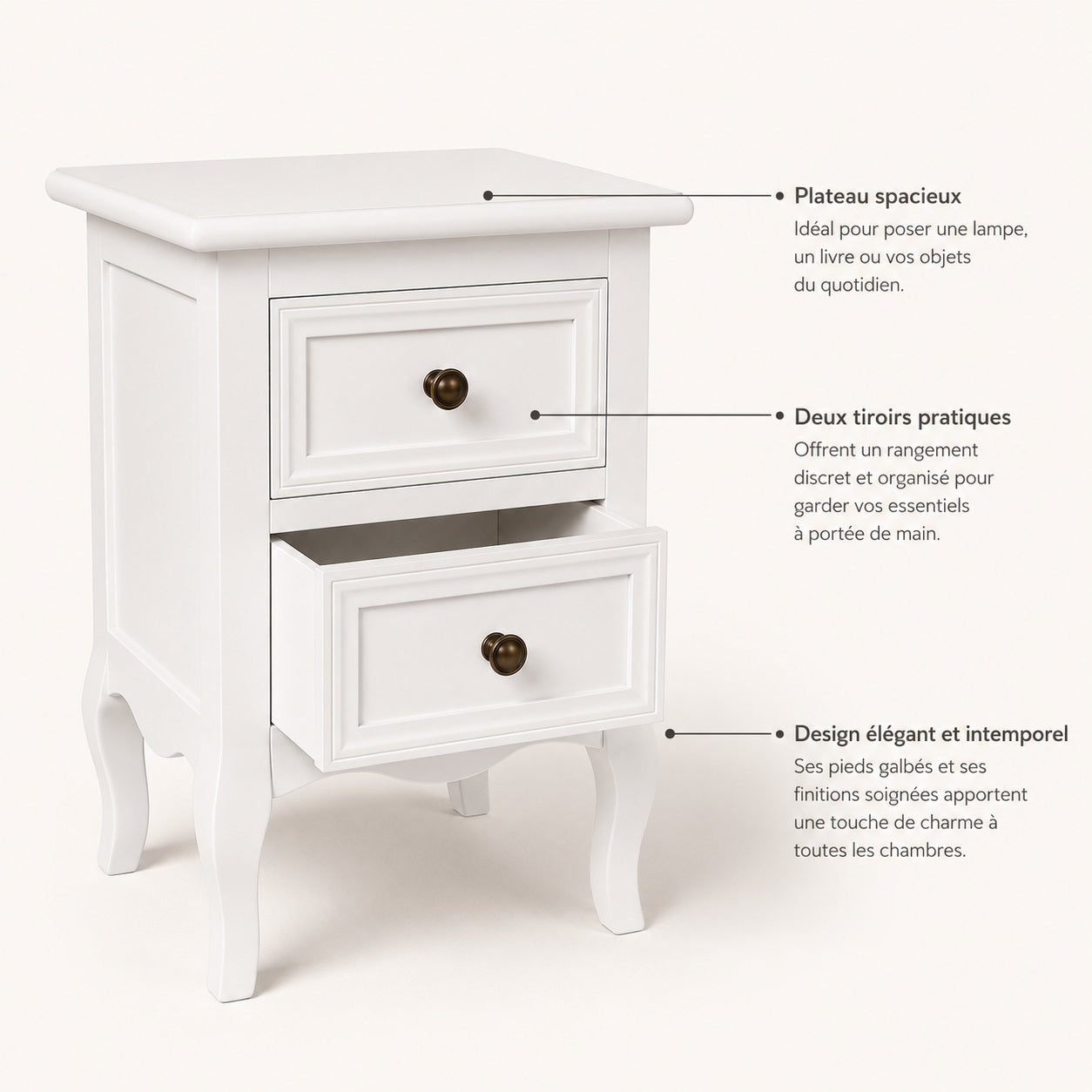 Table de chevet blanche vintage avec deux tiroirs pratiques et plateau spacieux.
