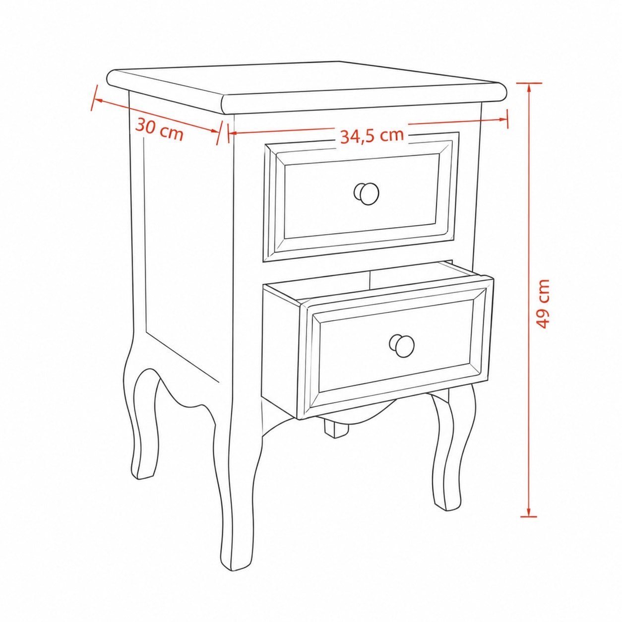 Schéma d'une table de chevet blanche vintage avec dimensions et deux tiroirs.