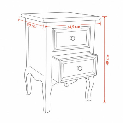 Schéma d'une table de chevet blanche vintage avec dimensions et deux tiroirs.