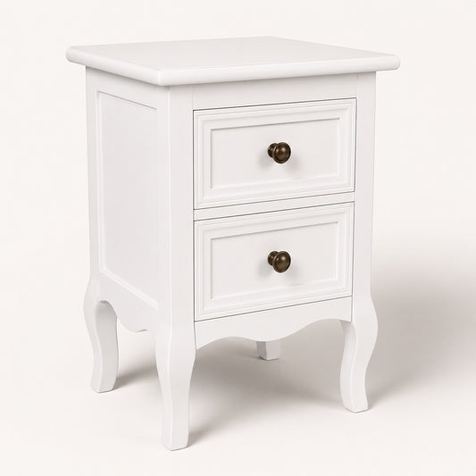 Table de chevet blanche vintage à deux tiroirs avec pieds galbés et finition élégante.