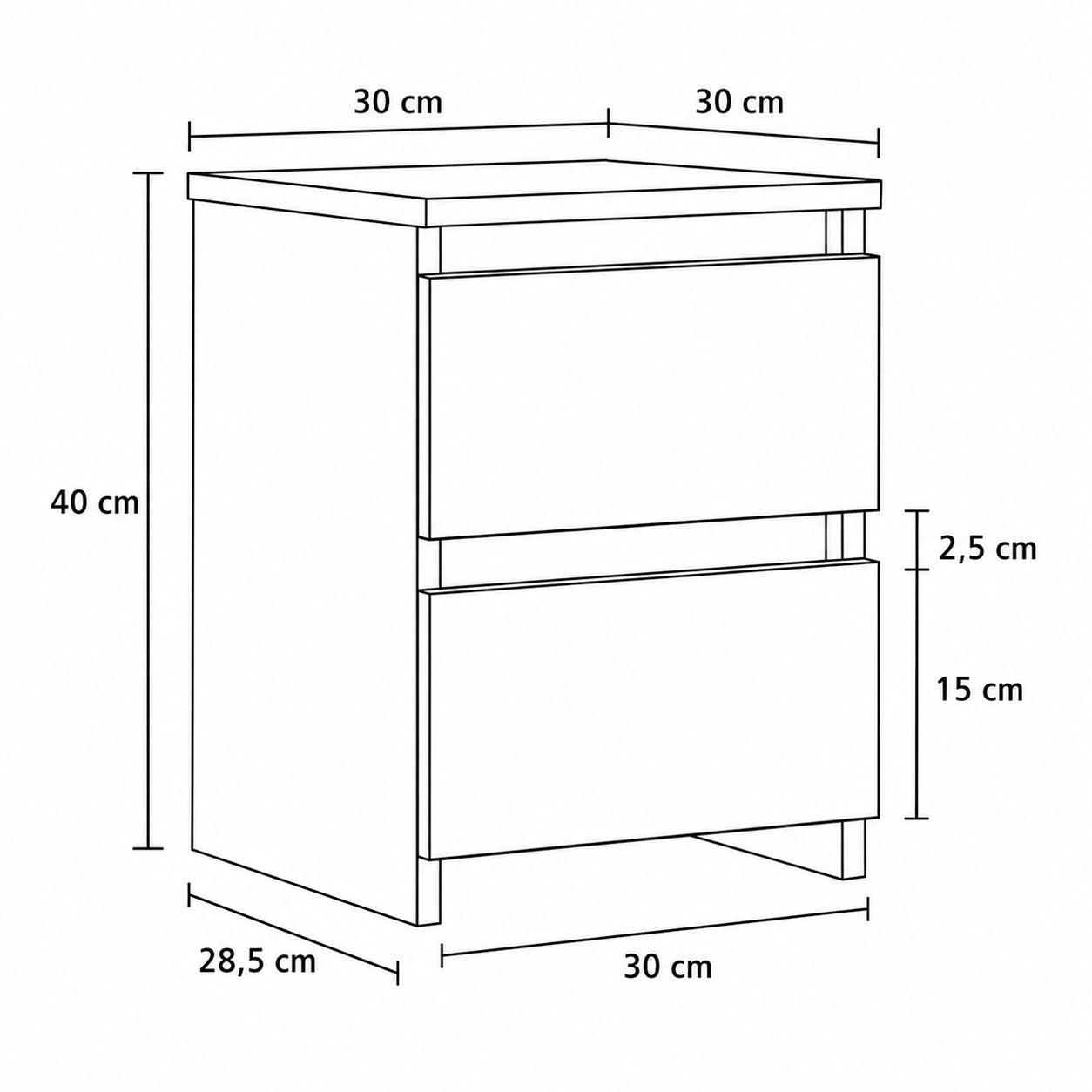 Schéma des dimensions d'une table de nuit, table de chevet blanche compacte de 40 × 30 cm.