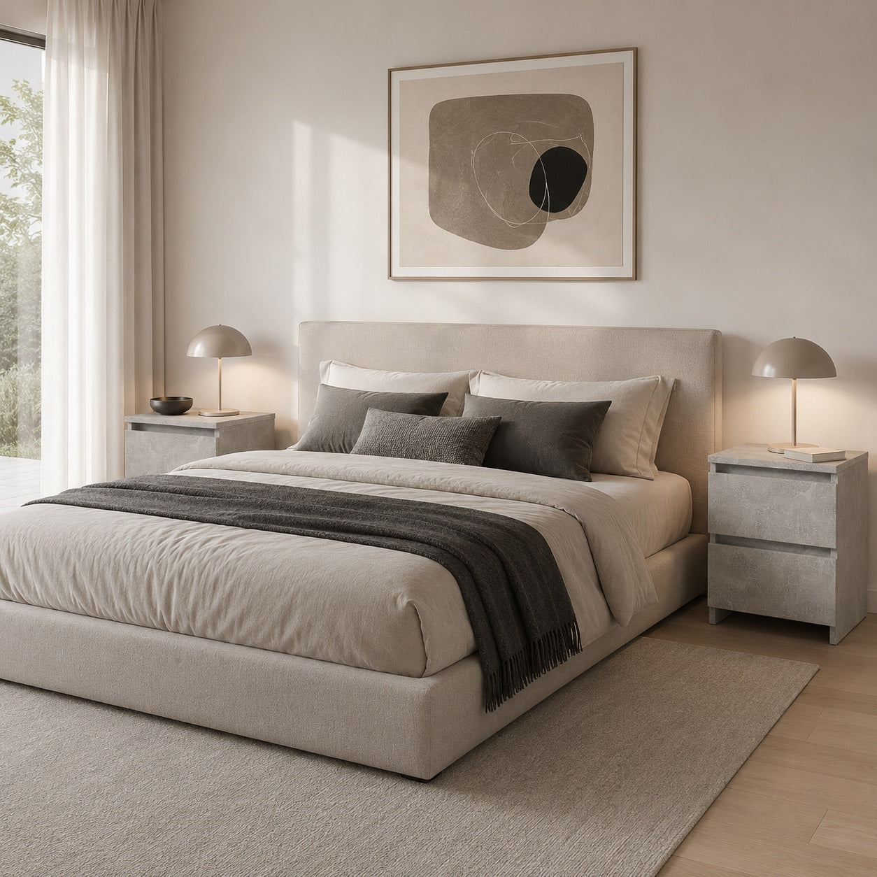 Table de nuit en finition béton dans une chambre moderne, inspirée du style table de chevet blanche.