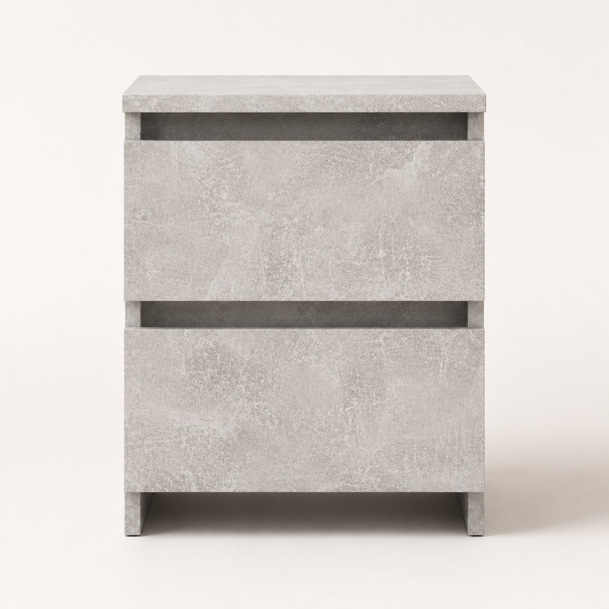 Table de nuit finition béton, inspirée d'une table de chevet blanche moderne avec deux tiroirs pratiques.