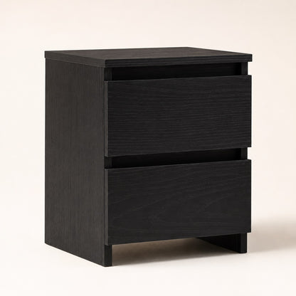 Table de nuit noire avec deux tiroirs, alternative élégante à la table de chevet blanche contemporaine.