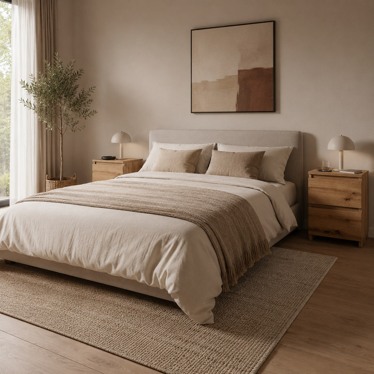Table de nuit en chambre moderne avec deux tables de chevet en bois finition chêne artisanal.