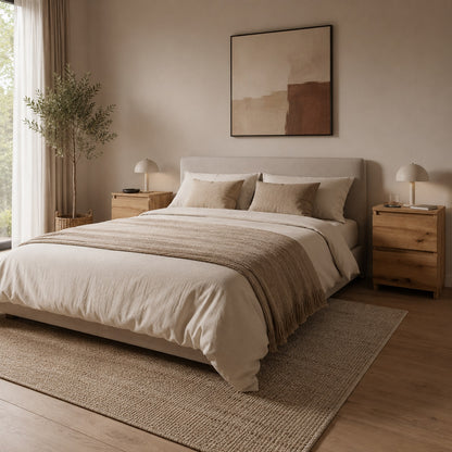 Table de nuit en chambre moderne avec deux tables de chevet en bois finition chêne artisanal.