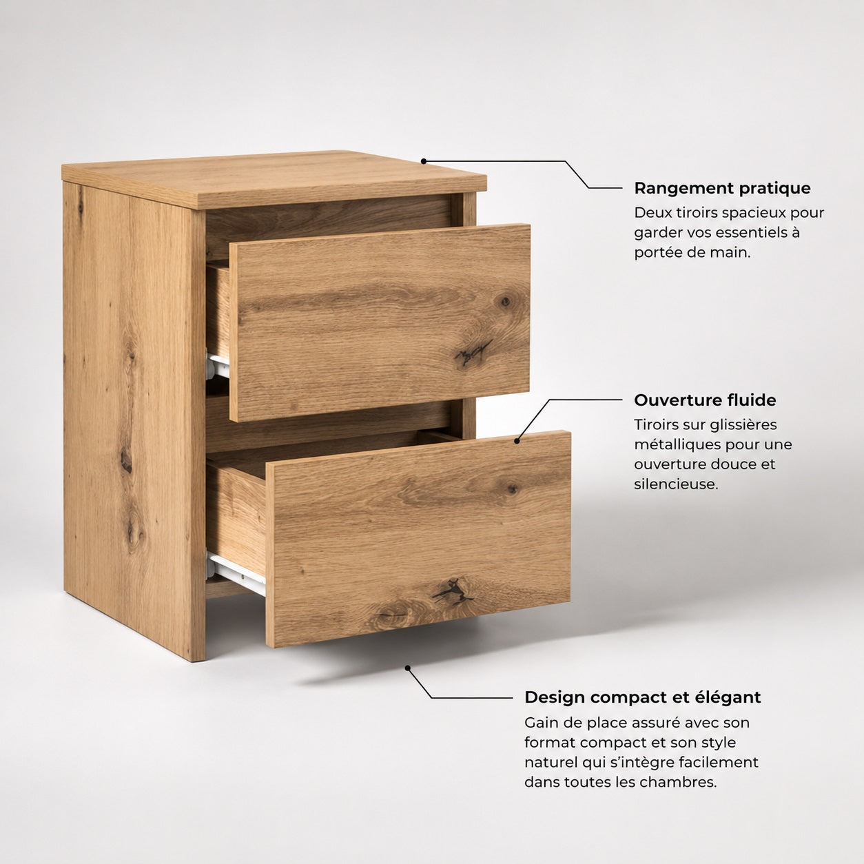 Table de nuit avec deux tiroirs, table de chevet en bois à ouverture fluide et rangement pratique.