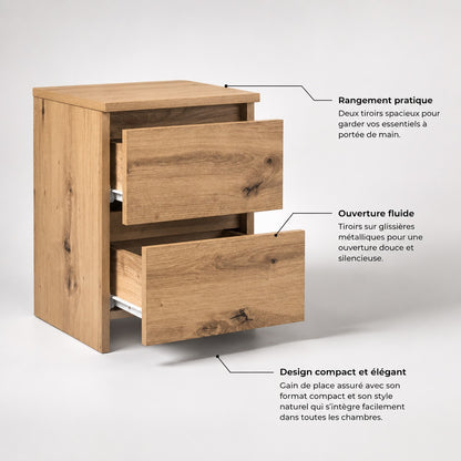 Table de nuit avec deux tiroirs, table de chevet en bois à ouverture fluide et rangement pratique.