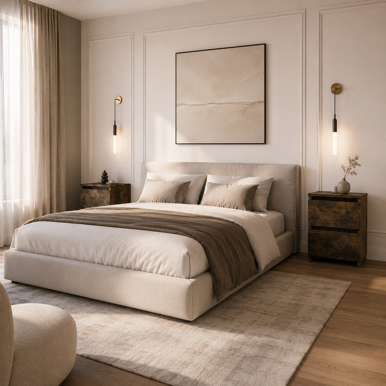 Table de nuit en chambre élégante avec deux tables de chevet en bois finition chêne fumé.