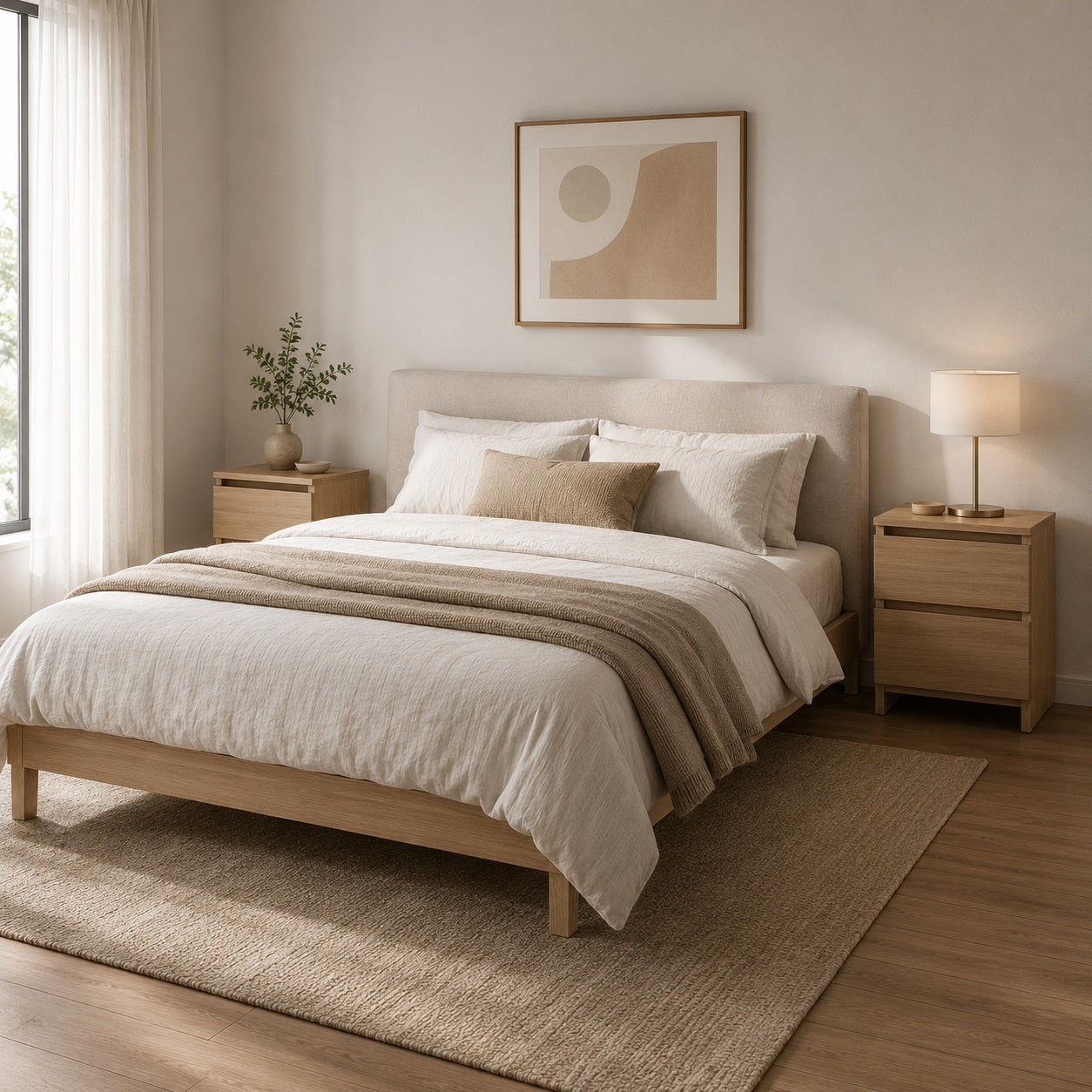 Table de nuit en chambre moderne avec deux tables de chevet en bois finition chêne Sonoma.