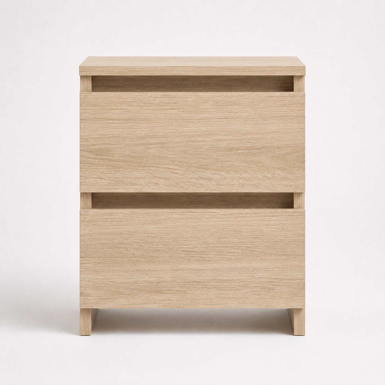Vue de face d'une table de nuit, table de chevet en bois finition chêne Sonoma.