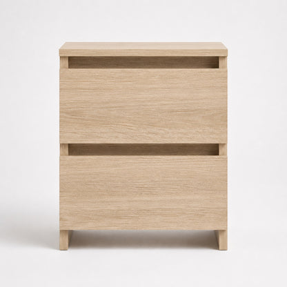 Vue de face d'une table de nuit, table de chevet en bois finition chêne Sonoma.