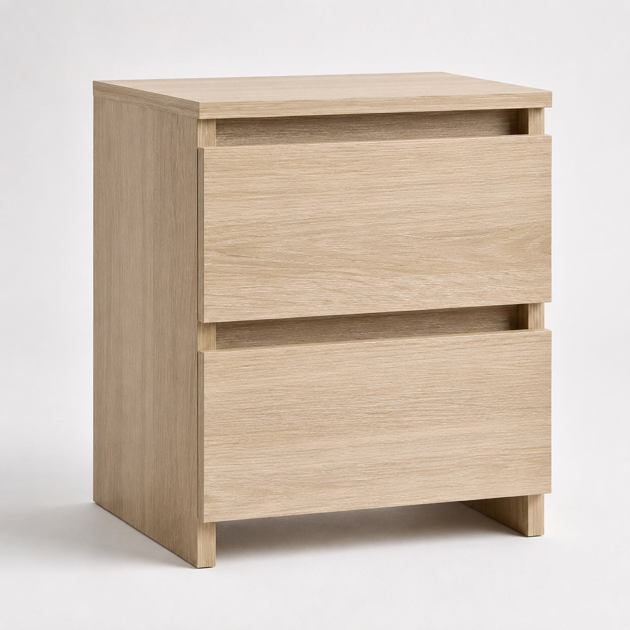 Table de nuit finition chêne Sonoma, table de chevet en bois avec deux tiroirs et design épuré.