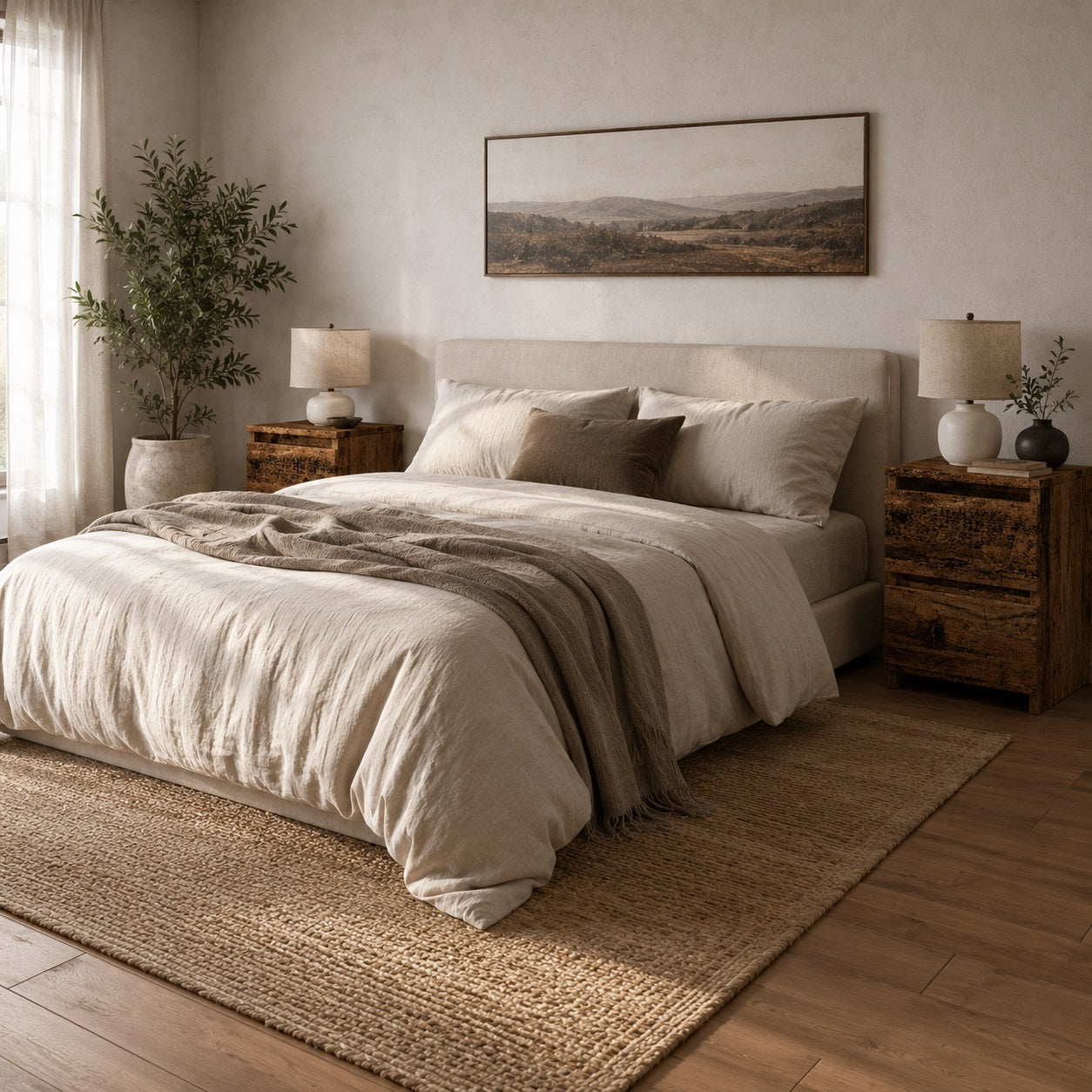 Table de nuit en chambre chaleureuse avec deux tables de chevet en bois finition vieux bois.