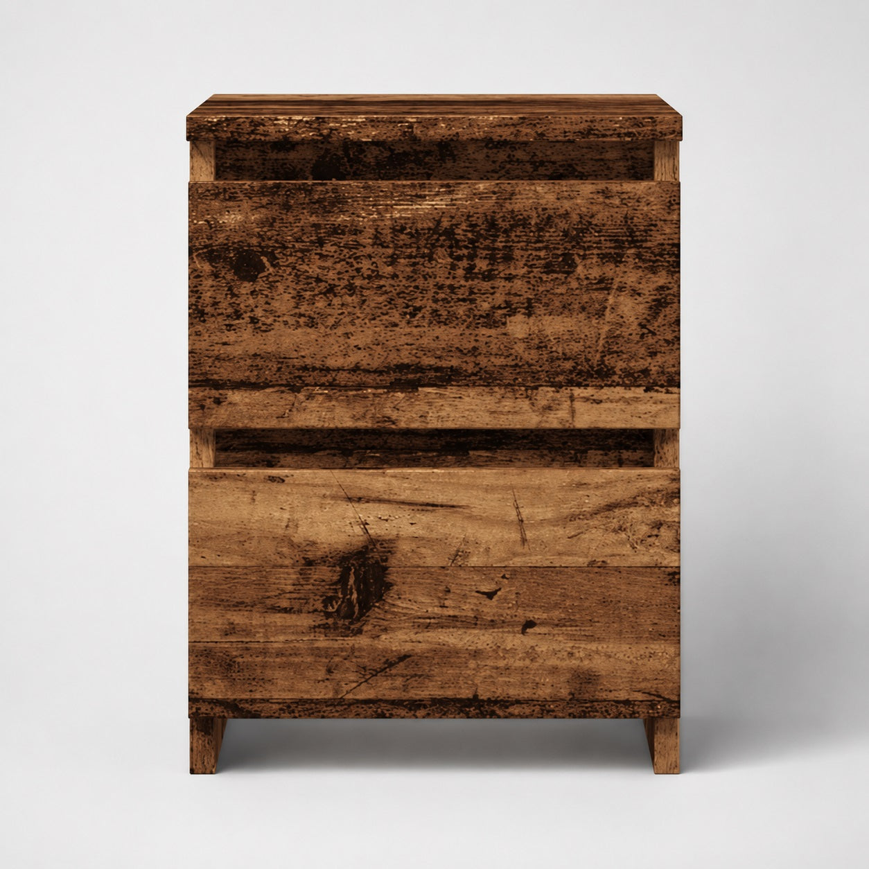 Vue de face d'une table de nuit, table de chevet en bois finition vieux bois rustique.