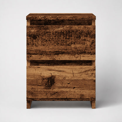 Vue de face d'une table de nuit, table de chevet en bois finition vieux bois rustique.