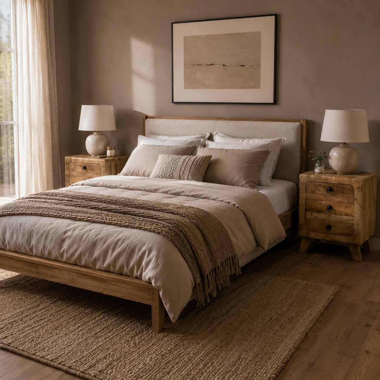 Table de chevet avec tiroir en bois dans une chambre chaleureuse au style naturel et contemporain.
