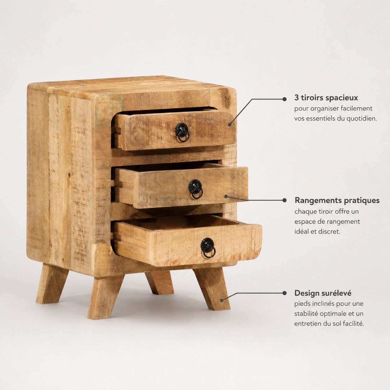 Table de chevet avec tiroir en bois à trois rangements, idéale pour organiser les essentiels de la chambre.