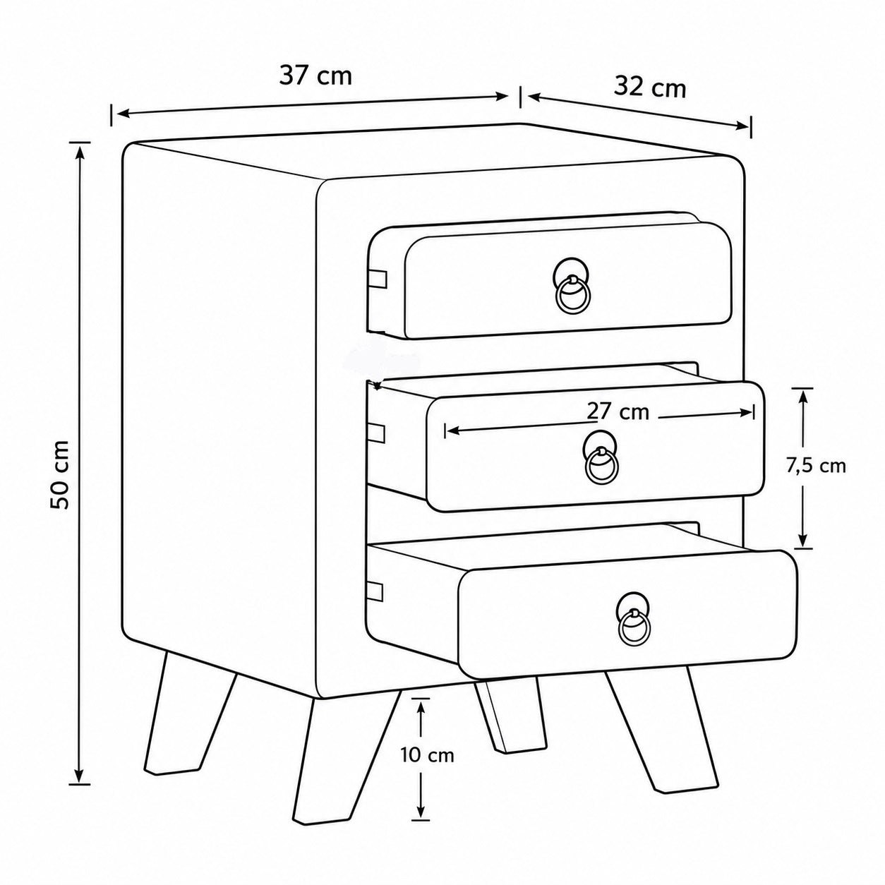 Schéma avec dimensions d'une table de chevet avec tiroir en bois à trois rangements et pieds inclinés.