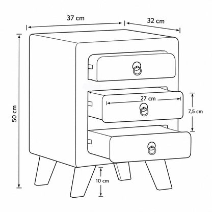 Schéma avec dimensions d'une table de chevet avec tiroir en bois à trois rangements et pieds inclinés.