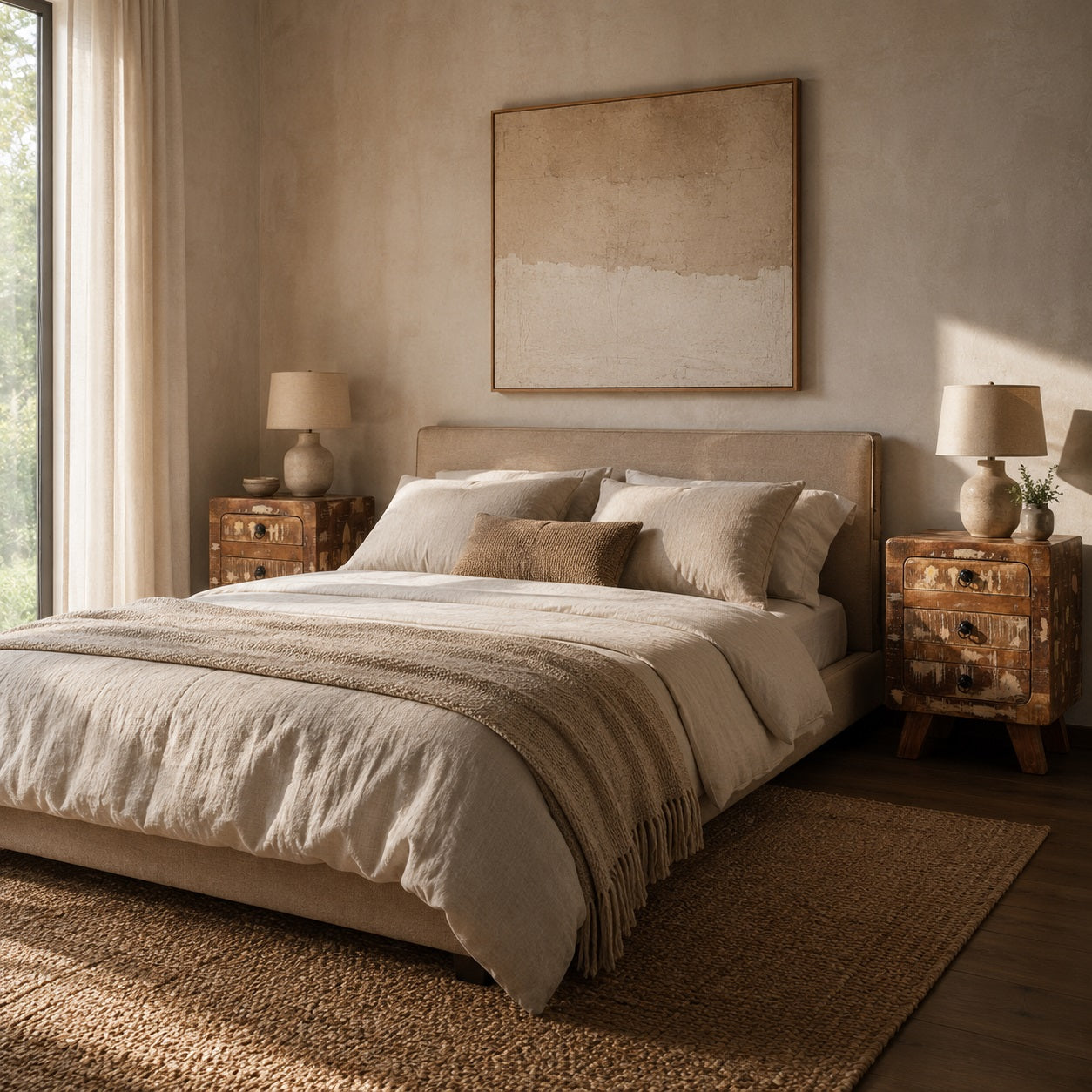 Table de chevet avec tiroir en bois recyclé dans une chambre au style chaleureux et naturel.