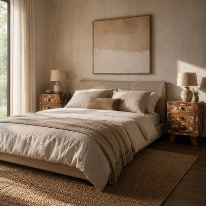 Table de chevet avec tiroir en bois recyclé dans une chambre au style chaleureux et naturel.