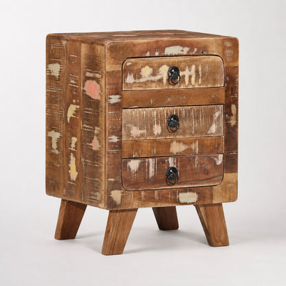 Table de chevet avec tiroir en bois recyclé au style vintage avec trois tiroirs et finition authentique.