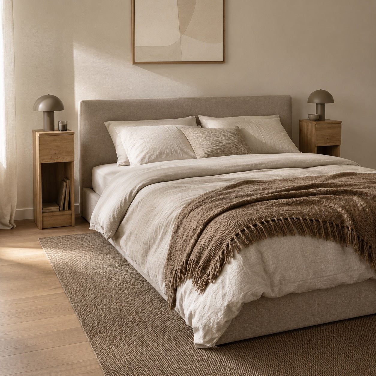 Table de chevet en bois haute dans une chambre contemporaine, idéale pour un intérieur chaleureux et élégant.