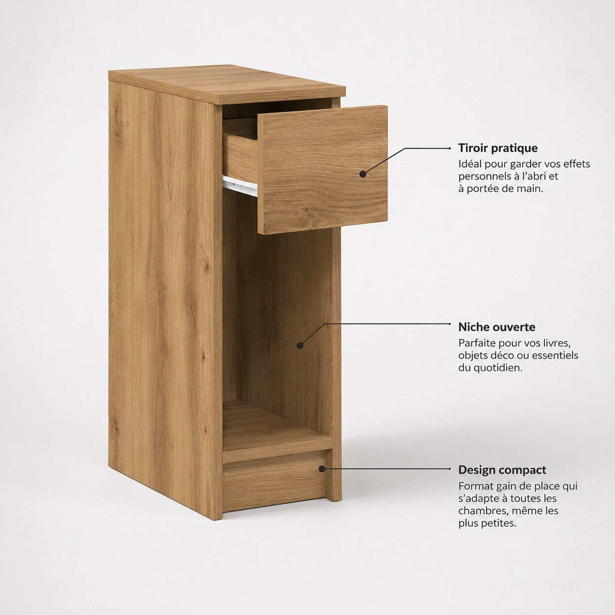 Table de chevet en bois haute avec tiroir coulissant, niche ouverte et design compact pour petite chambre.