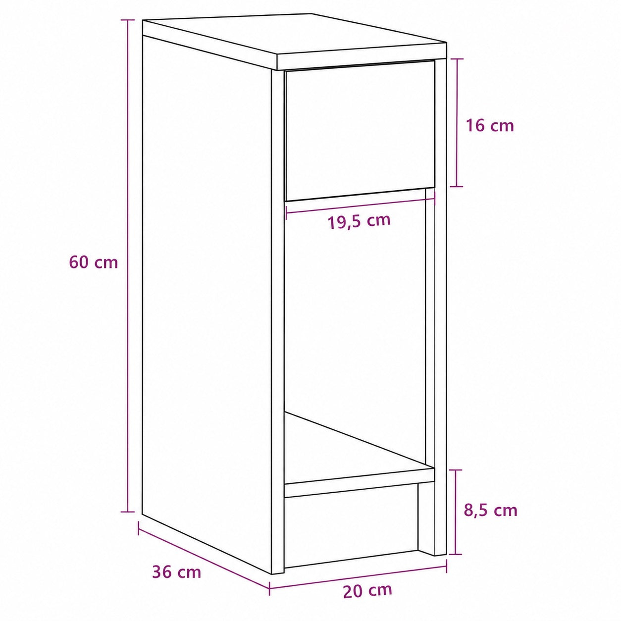 Schéma avec dimensions d'une table de chevet en bois haute de 60 cm avec tiroir et niche ouverte.