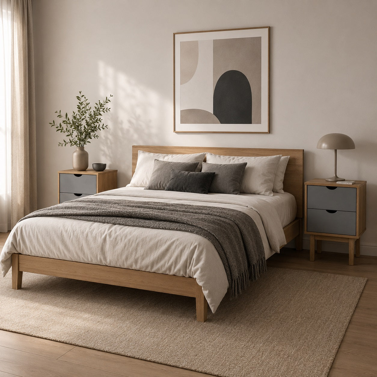 Table de chevet en bois avec tiroir gris dans une chambre au style scandinave et chaleureux.
