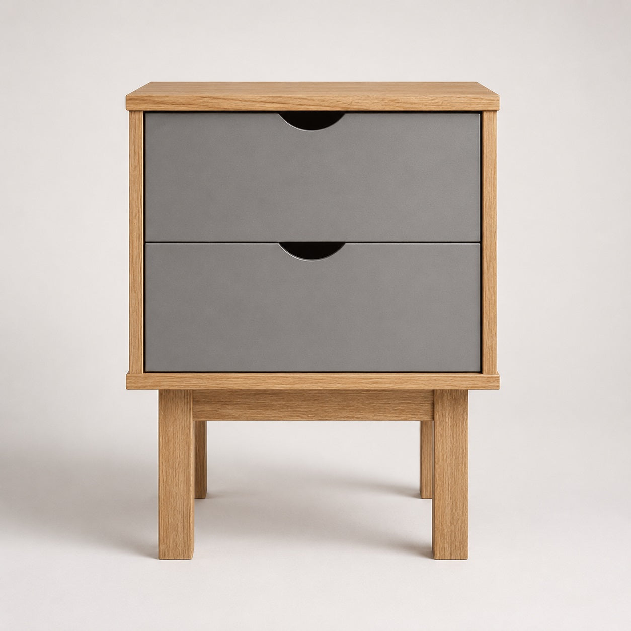Table de chevet en bois avec tiroir gris, meuble de rangement moderne au style nordique.