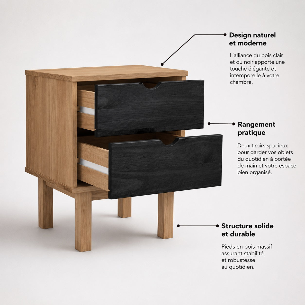 Table de chevet en bois avec tiroir, deux rangements pratiques et structure robuste en bois.