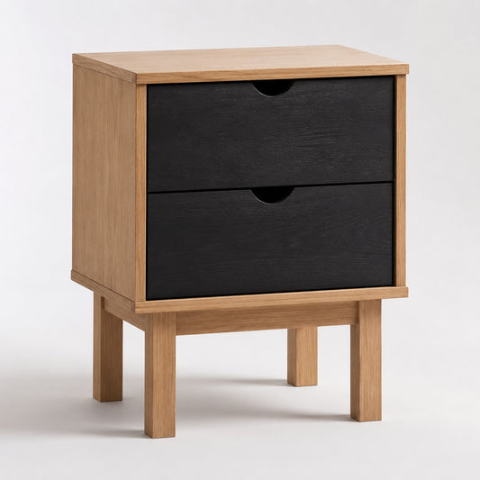 Table de chevet en bois avec tiroir noir, design contemporain et rangement pratique.