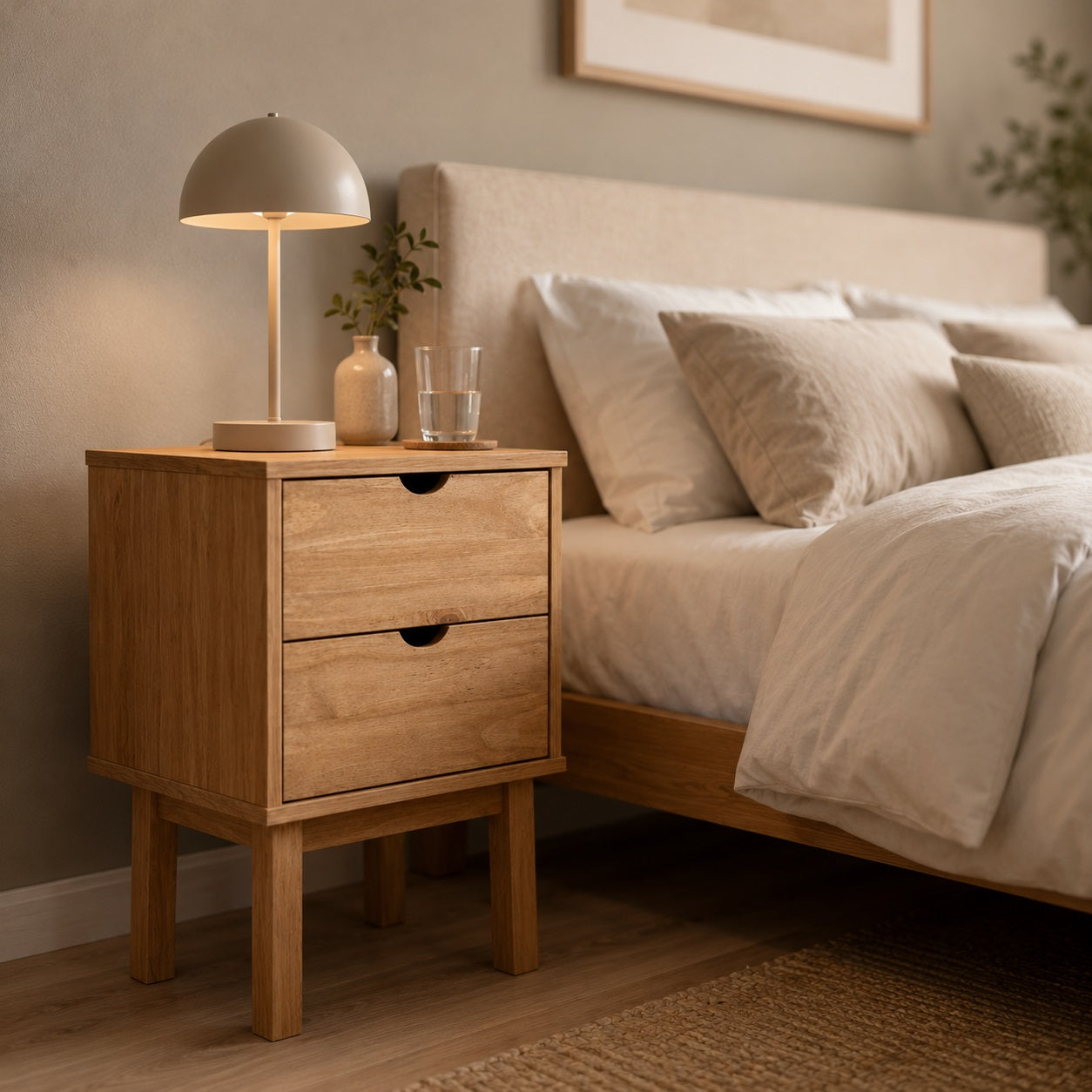 Table de chevet en bois avec tiroir près du lit, idéale pour une chambre contemporaine.