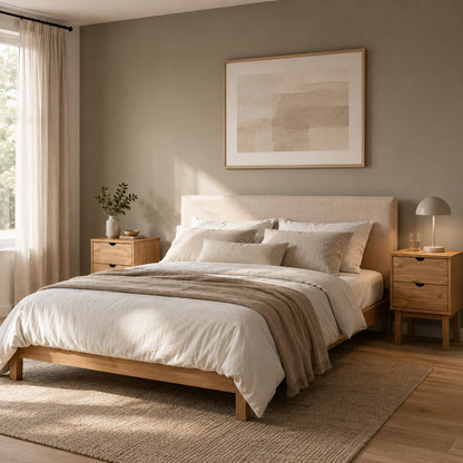 Table de chevet en bois avec tiroir dans une chambre chaleureuse au style naturel.