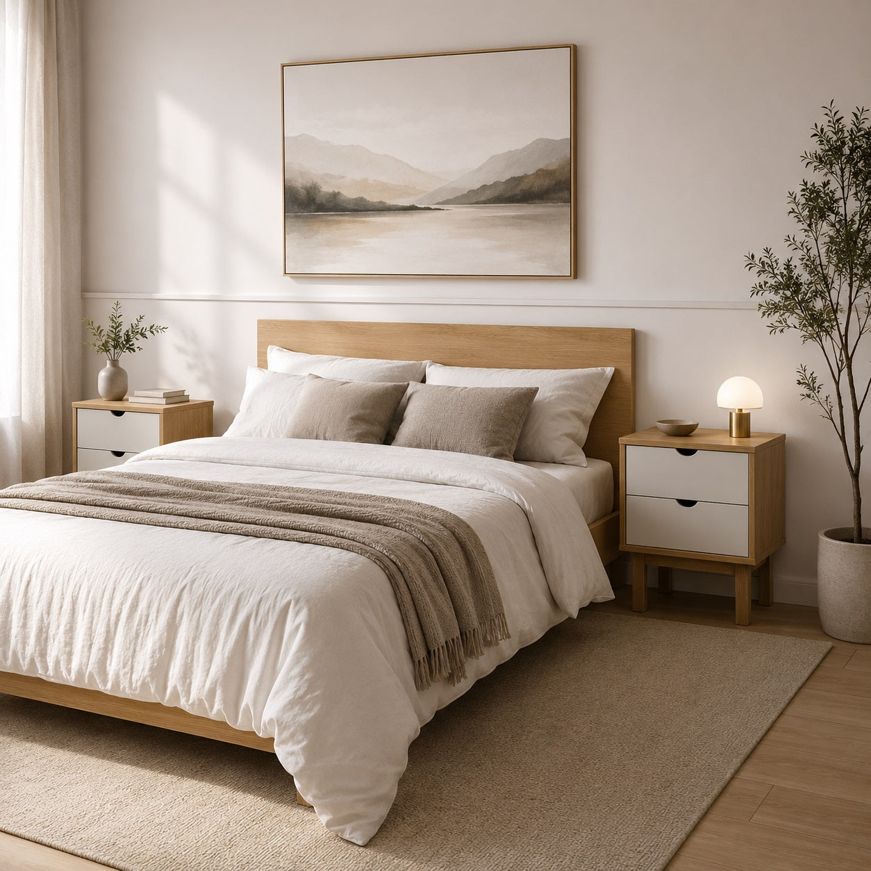 Table de chevet en bois avec tiroir blanc dans une chambre moderne et élégante.