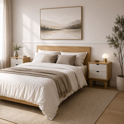 Table de chevet en bois avec tiroir blanc dans une chambre moderne et élégante.