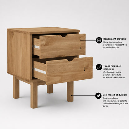 Table de chevet en bois avec tiroir, deux rangements spacieux et structure robuste en bois massif.