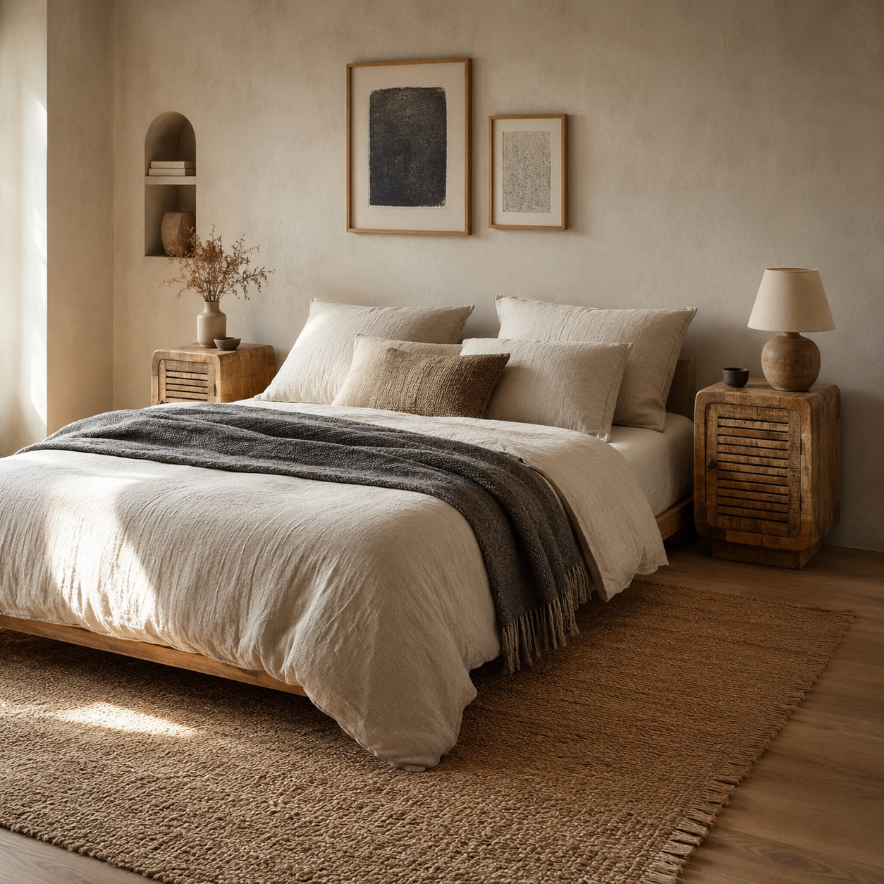 Table de chevet en bois avec rangement intégrée dans une chambre chaleureuse au style naturel et élégant.