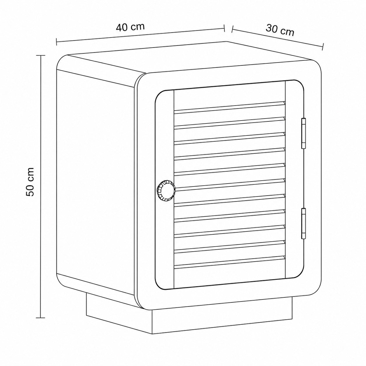Schéma d'une table de chevet en bois avec rangement avec dimensions détaillées en centimètres.