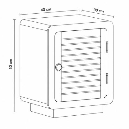 Schéma d'une table de chevet en bois avec rangement avec dimensions détaillées en centimètres.