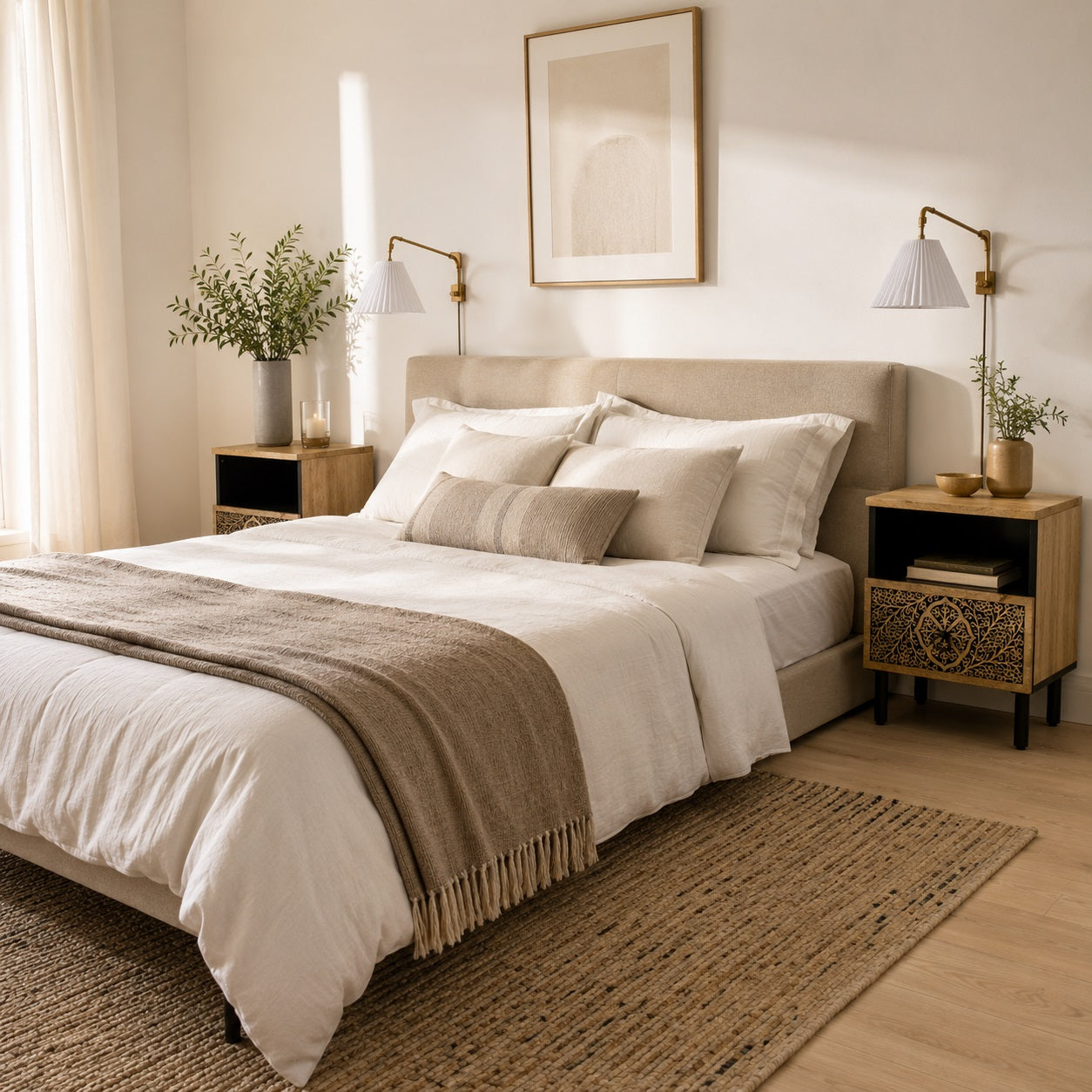 Deux tables de chevet design avec tiroir en bois, parfaites pour une chambre moderne et chaleureuse.