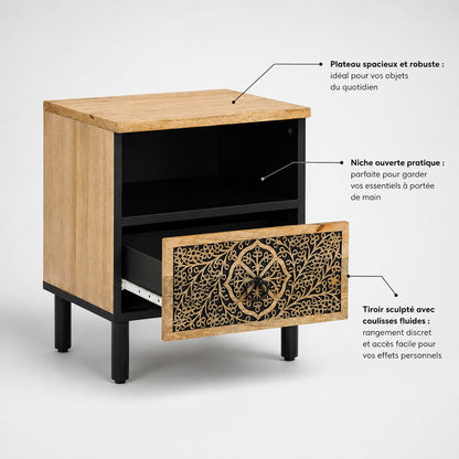 Table de chevet design avec tiroir coulissant et niche ouverte, idéale pour un rangement pratique.